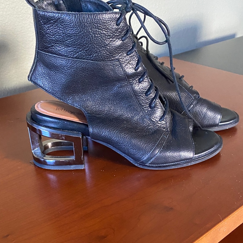 Jeffrey Campbell Black Leather Lace-Up Boots with Silver Heel